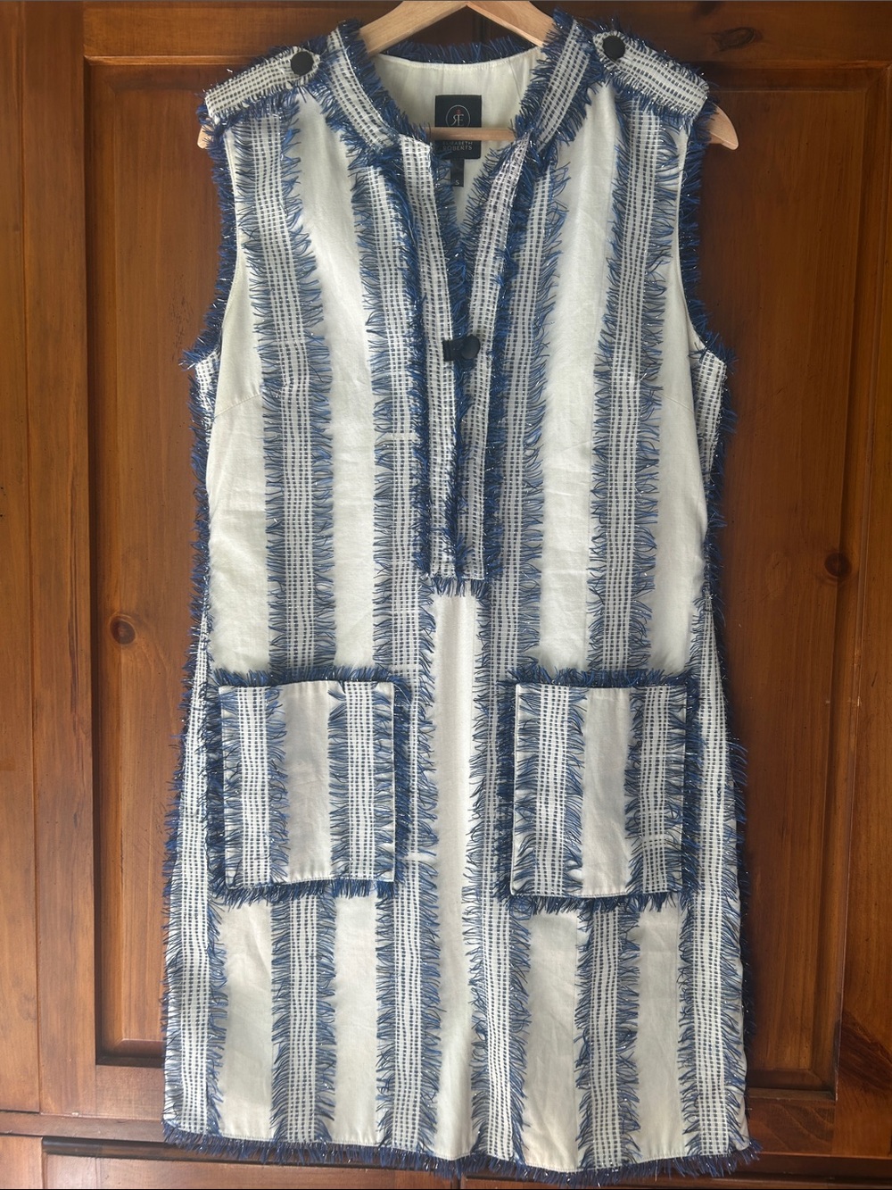 Fringed Stripe Sleeveless Shift Dress in Blue and White and Silver Fringe; lined